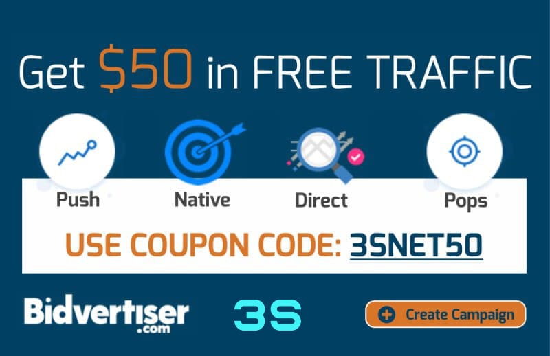 Look for a promo code for a discount in bidvertiser on 3SNET!