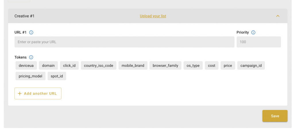 In the Creative section, insert the 3SNET link with tokens In the Creative section, insert the 3SNET link with tokens