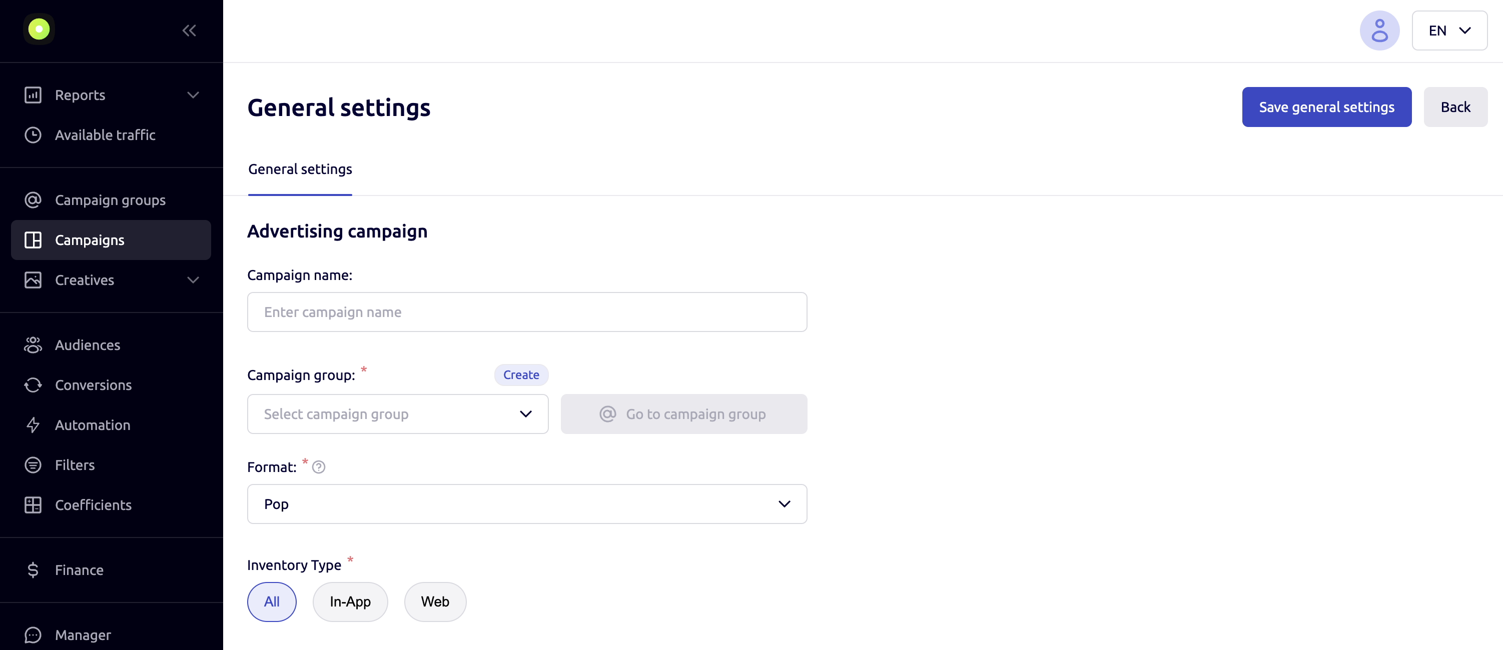 Step 3. Create a campaign in YouTarget