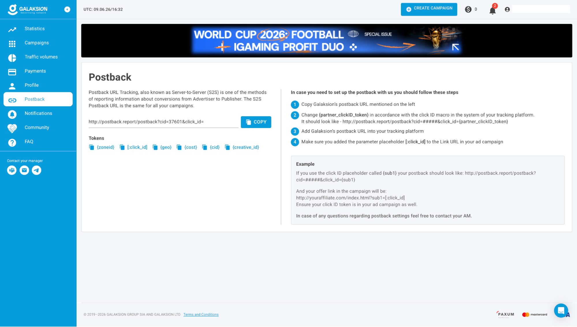 main screen of the Galaksion advertising dashboard